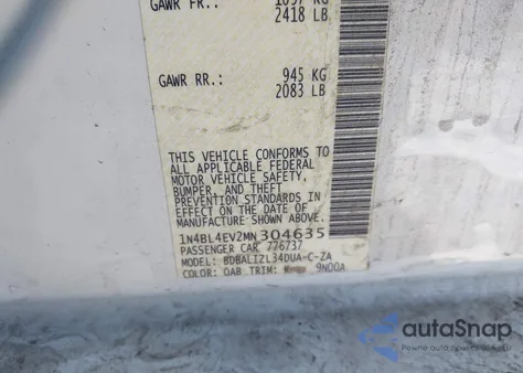 2021 Nissan Altima Sl Fwd from USA, damaged, VIN 1N4BL4EV2MN304635